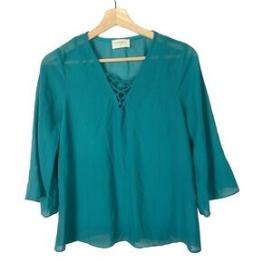 Everly Teal Blue Chiffon Bell Sleeve Blouse‎ S